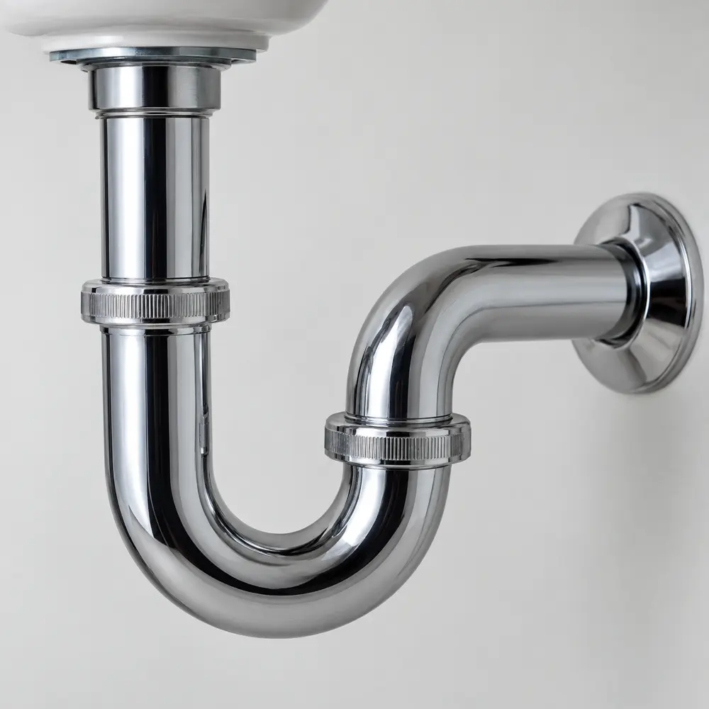Chrome P-trap under a bathroom sink