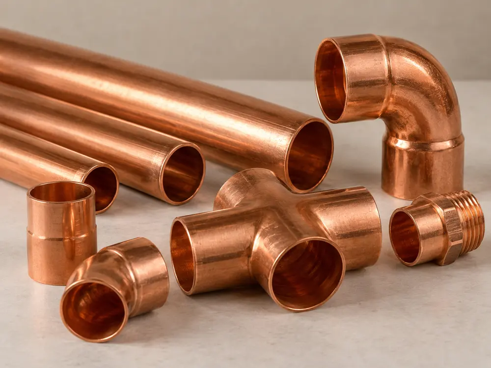 Copper pipes and fittings including an elbow and a tee