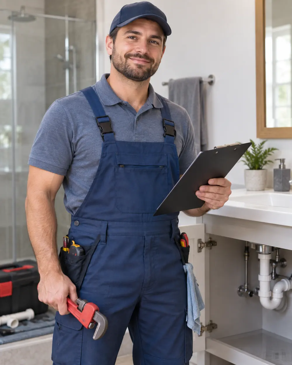 Plumber holding a wrench and a clipboard in a bathroom with a glass shower