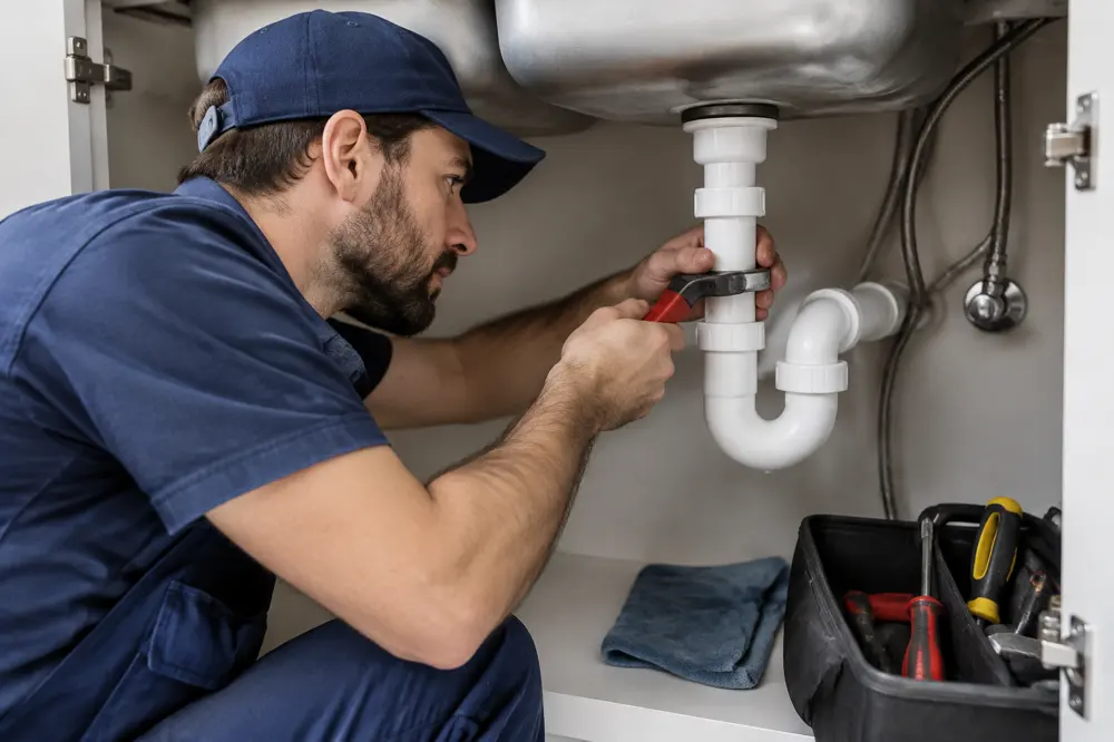 Plumber tightening the trap under a kitchen sink with a wrench