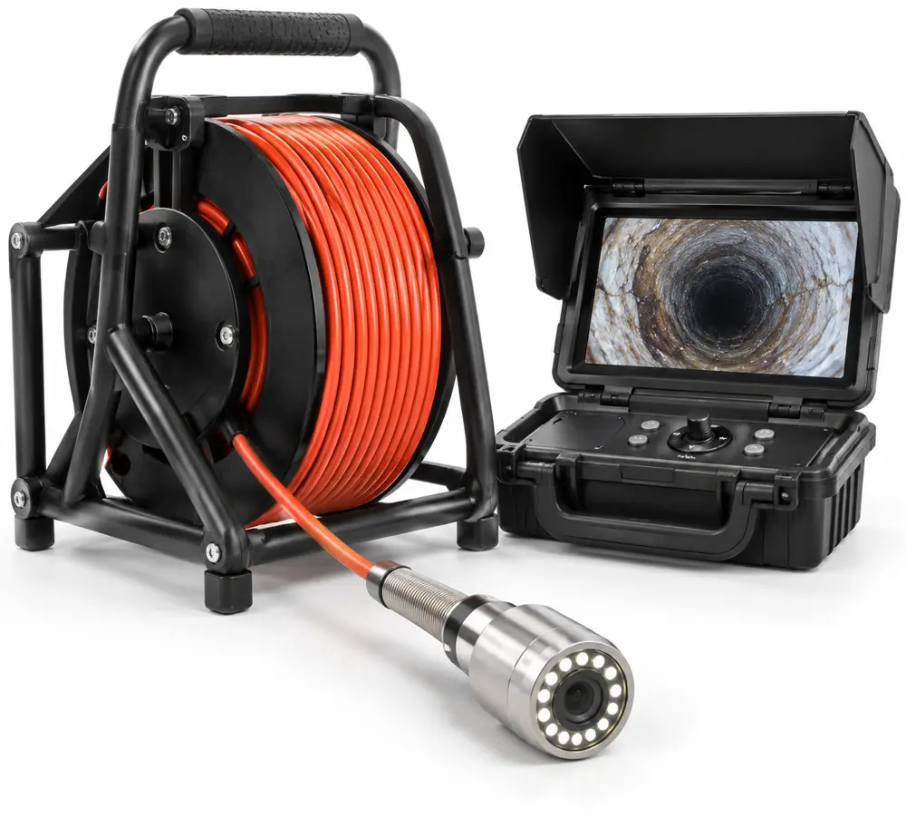Sewer inspection camera on a cable reel with a monitor showing the inside of a pipe