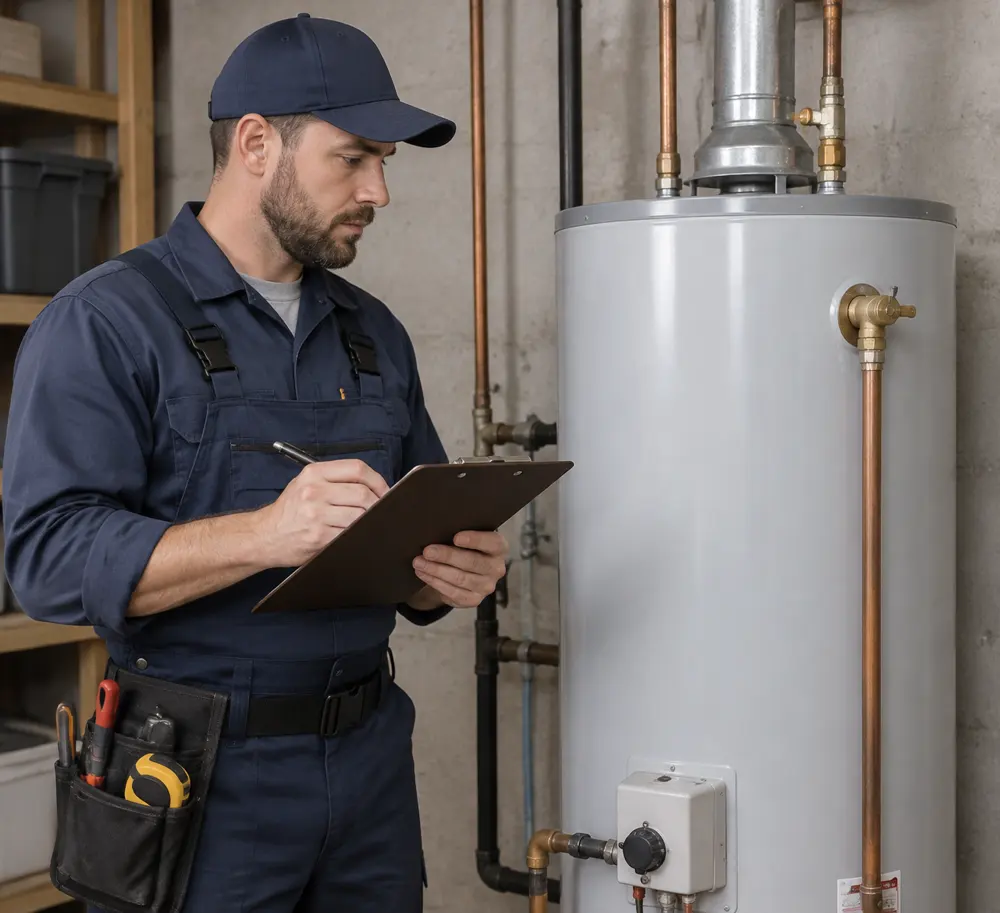 Technician with a clipboard inspecting a tank water heater and its connections